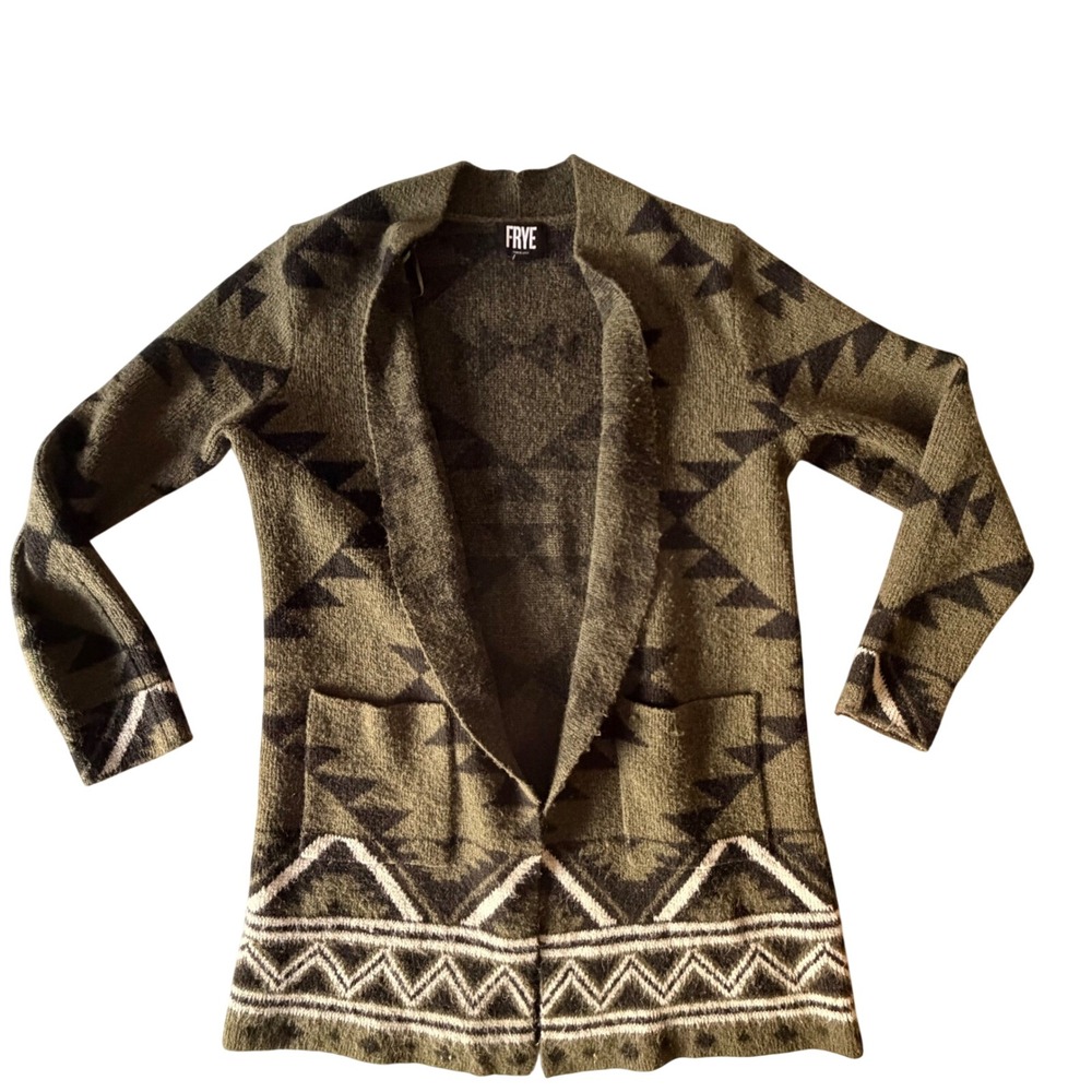 Frye Womens Olive Green Southwestern Geometric Open Front Cardigan Sweater Small